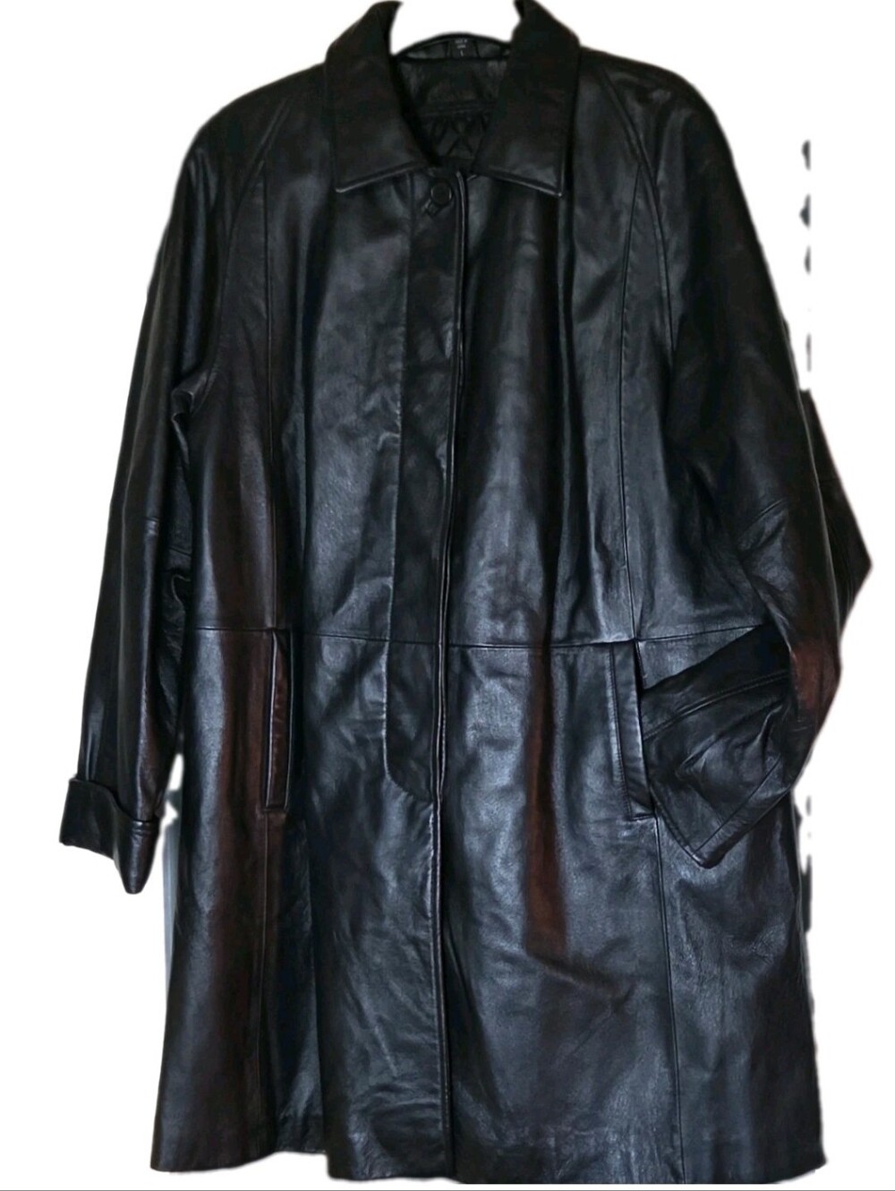 Midnight Velvet Black Leather Long coat Zip Out Lining Pockets Womens L Luxury